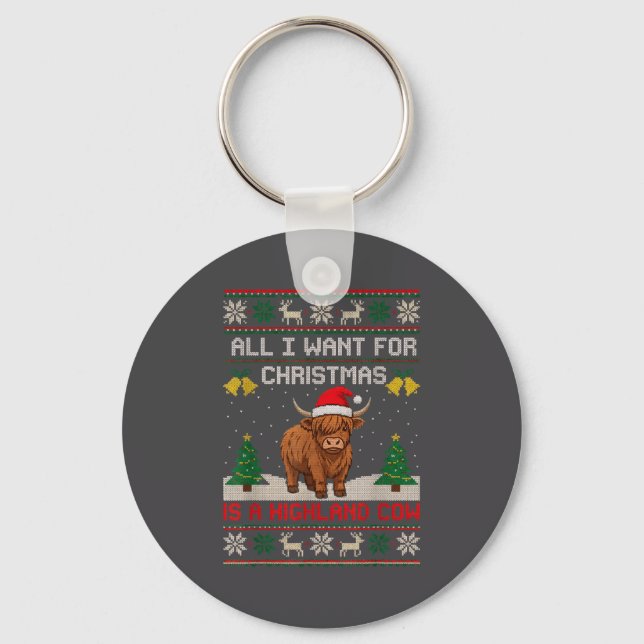 Highland Cow Christmas Ugly Sweater Style Festive  Key Ring (Front)