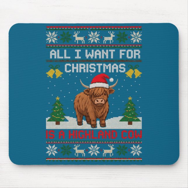 Highland Cow Christmas Ugly Sweater Style Festive  Mouse Pad (Front)