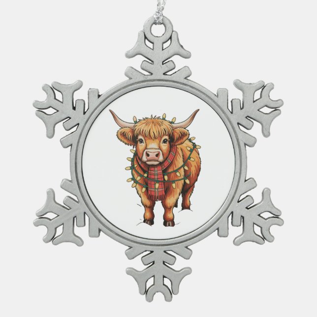 Highland Cow Christmas Xmas Santa Baby Wooly Farm Snowflake Pewter Christmas Ornament (Front)