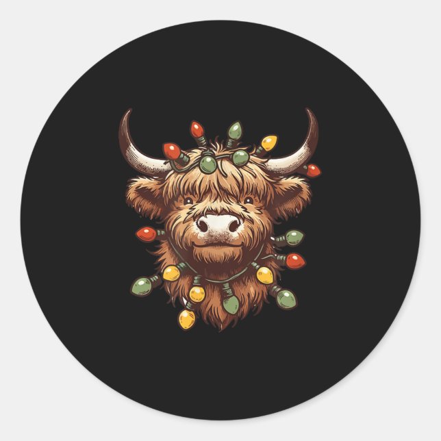 Highland Cow Christmas Xmas Santa Wooly Farm Anima Classic Round Sticker (Front)