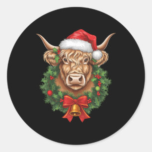 Highland Cow Christmas Xmas Santa Wooly Farm Anima Classic Round Sticker