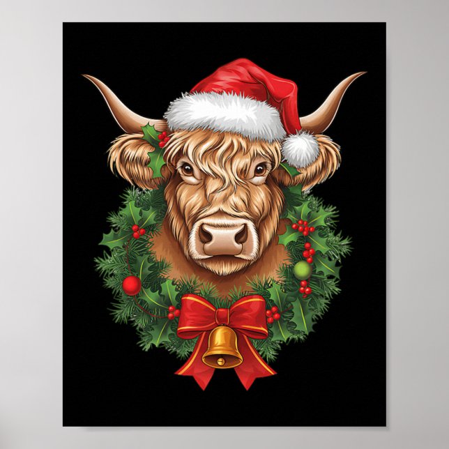 Highland Cow Christmas Xmas Santa Wooly Farm Anima Poster (Front)