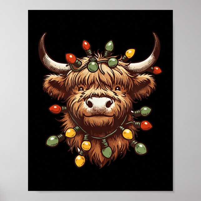 Highland Cow Christmas Xmas Santa Wooly Farm Anima Poster (Front)