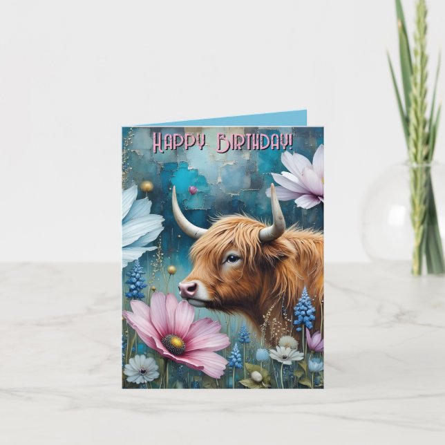 Highland Cow Colourful Cosmos Tapestry  Note Card (Front)