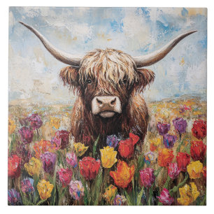 Highland Cow Colourful Tulips Painting Ceramic Tile