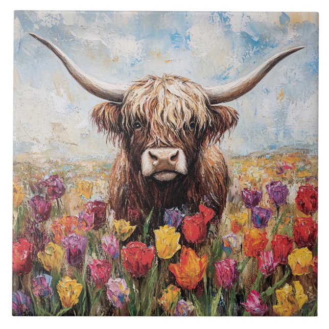Highland Cow Colourful Tulips Painting Ceramic Tile (Front)