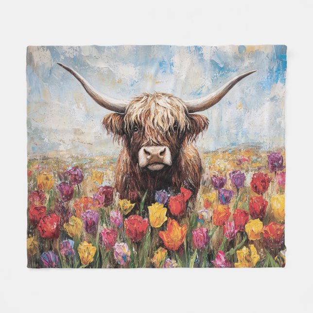 Highland Cow Colourful Tulips Painting Fleece Blanket (Front (Horizontal))