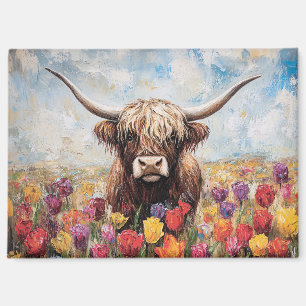 Highland Cow Colourful Tulips Painting Magnet