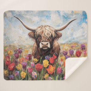 Highland Cow Colourful Tulips Painting Sherpa Blanket