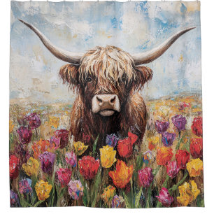 Highland Cow Colourful Tulips Painting Shower Curtain