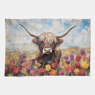 Highland Cow Colourful Tulips Painting Tea Towel