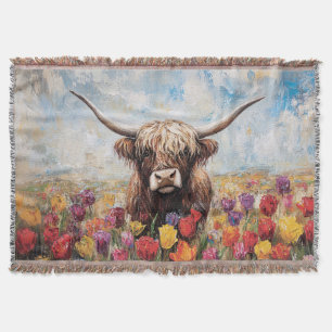 Highland Cow Colourful Tulips Painting Throw Blanket