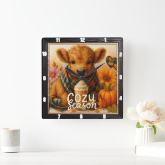 Highland Cow Cosy Season Square Wall Clock