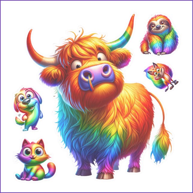 Highland Cow Cute Rainbow Sticker sheet (Funny highland cow and friends contour cut sticker sheet is a fun stocking stuffer or basket filler.)