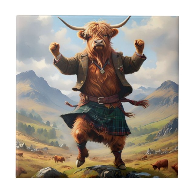 Highland Cow Dancing The Highland Fling, Ceramic Tile (Front)