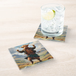 Highland Cow Dancing The Highland Fling, Glass Coaster