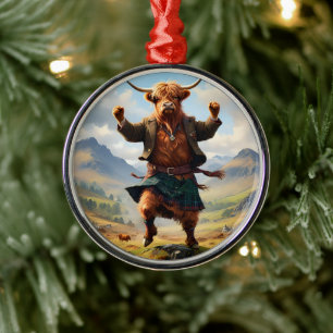 Highland Cow Dancing The Highland Fling, Metal Ornament