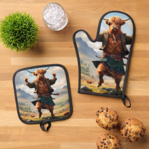 Highland Cow Dancing The Highland Fling, Oven Mitt & Pot Holder Set