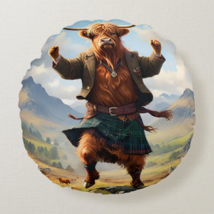 Highland Cow Dancing The Highland Fling, Round Cushion