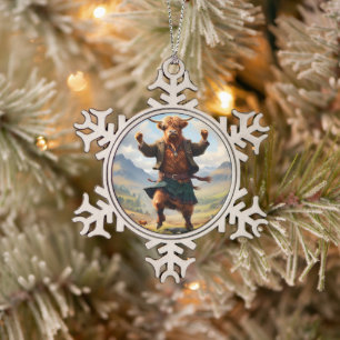 Highland Cow Dancing The Highland Fling, Snowflake Pewter Christmas Ornament