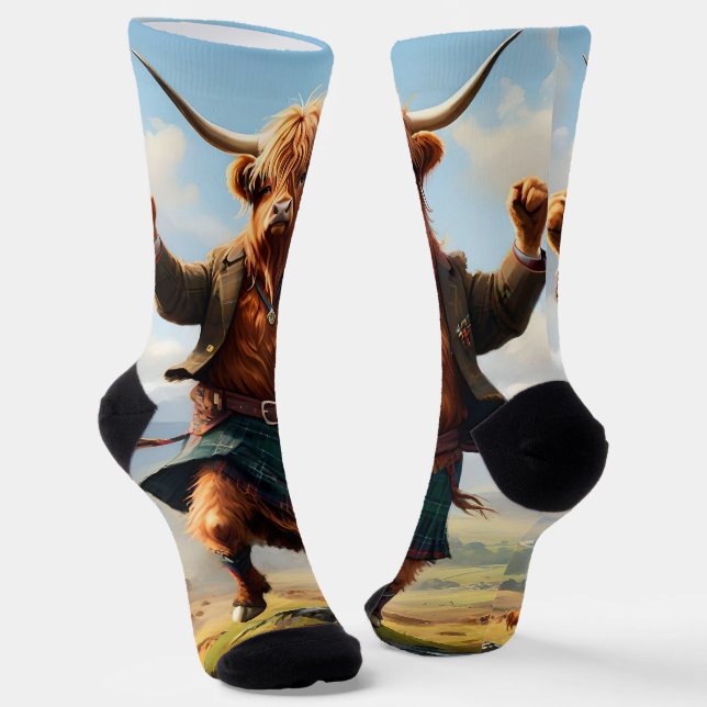 Highland Cow Dancing The Highland Fling, Socks (Angled)