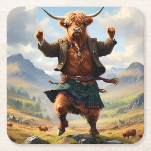 Highland Cow Dancing The Highland Fling, Square Paper Coaster