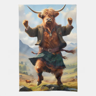 Highland Cow Dancing The Highland Fling, Tea Towel