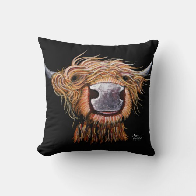Highland Cow 'Dashing Dougal' Throw Pillow Cushion (Front)
