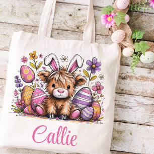 Highland Cow Easter Kids Name Girls Bunny Tote Bag
