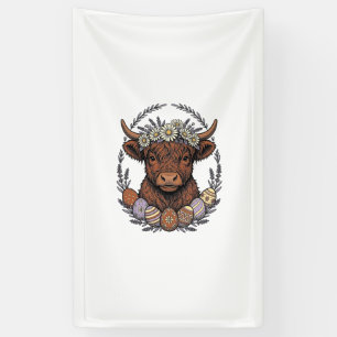 Highland Cow Easter Vintage Floral Egg Art Banner