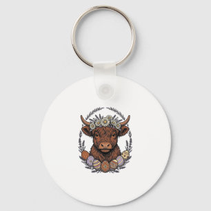 Highland Cow Easter Vintage Floral Egg Art Key Ring