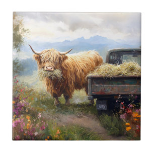 Highland Cow Eating Hay Ceramic Tile