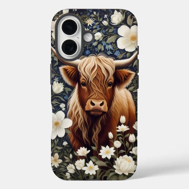 Highland Cow Elegant White Floral Case-Mate iPhone Case (Back)