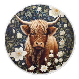 Highland Cow Elegant White Floral Ceramic Knob