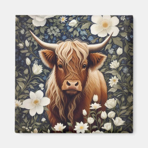 Highland Cow Elegant White Floral Magnet