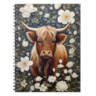 Highland Cow Elegant White Floral Notebook