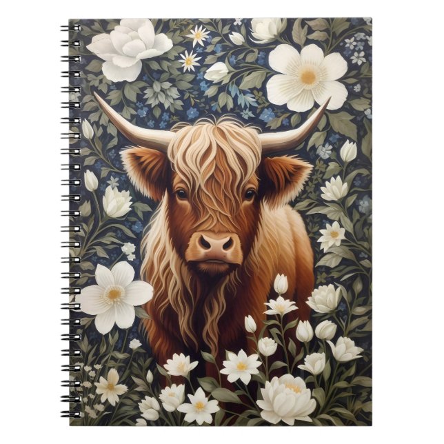 Highland Cow Elegant White Floral Notebook (Front)