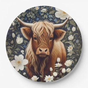 Highland Cow Elegant White Floral Paper Plate