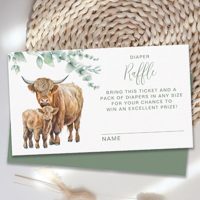 Highland Cow Eucalyptus Baby Shower Diaper Raffle  Enclosure Card (Creator Uploaded)