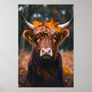 Highland Cow Fall Art Print, Autumn Leaves Scarf Poster