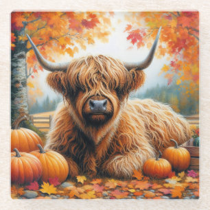 Highland Cow Fall Pumpkins Watercolor Glass Coaster