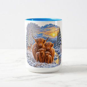 Highland Cow Family Snowy Winter Mountain Two-Tone Coffee Mug