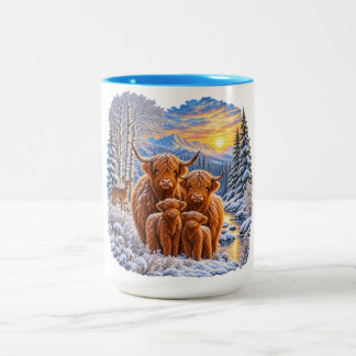 Highland Cow Family Snowy Winter Mountain Two-Tone Coffee Mug