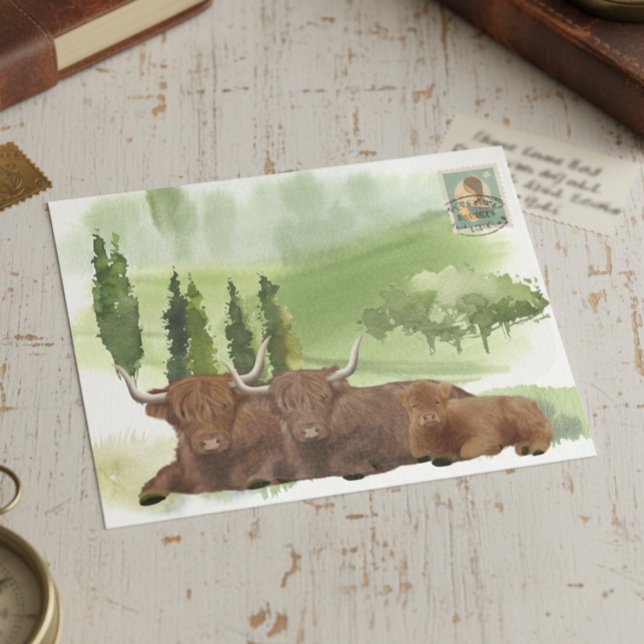  Highland Cow Family Watercolor Scotland Postcard (Creator Uploaded)