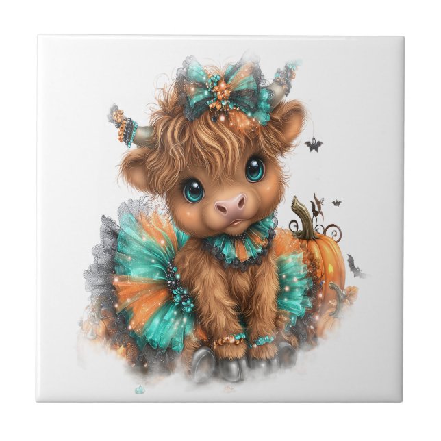 Highland Cow Farm Halloween Ceramic Tile (Front)