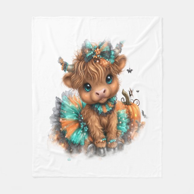 Highland Cow Farm Halloween Fleece Blanket (Front)
