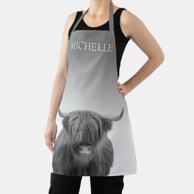 Highland Cow Farmhouse Cabin Grey Personalised Apron (Insitu)