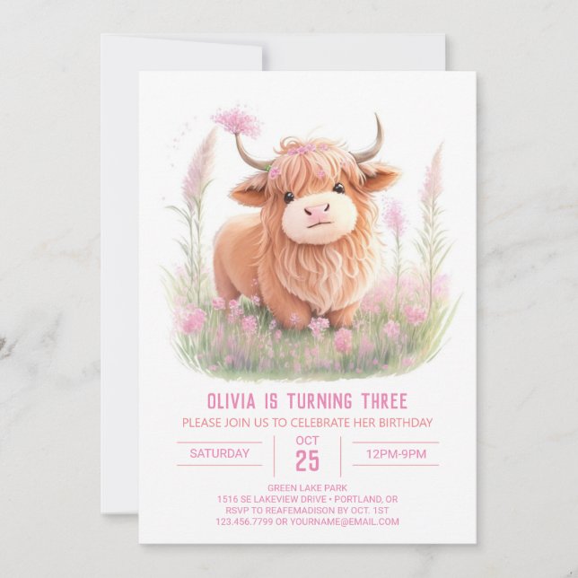 Highland Cow Farmyard Fun Girl Birthday Invitation (Front)