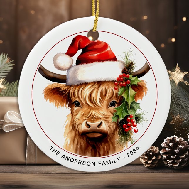 Highland Cow Festive Cute Farm Animal Christmas Ceramic Ornament (Creator Uploaded)