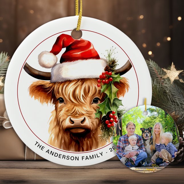 Highland Cow Festive Photo Farm Animal Christmas Ceramic Ornament (Creator Uploaded)